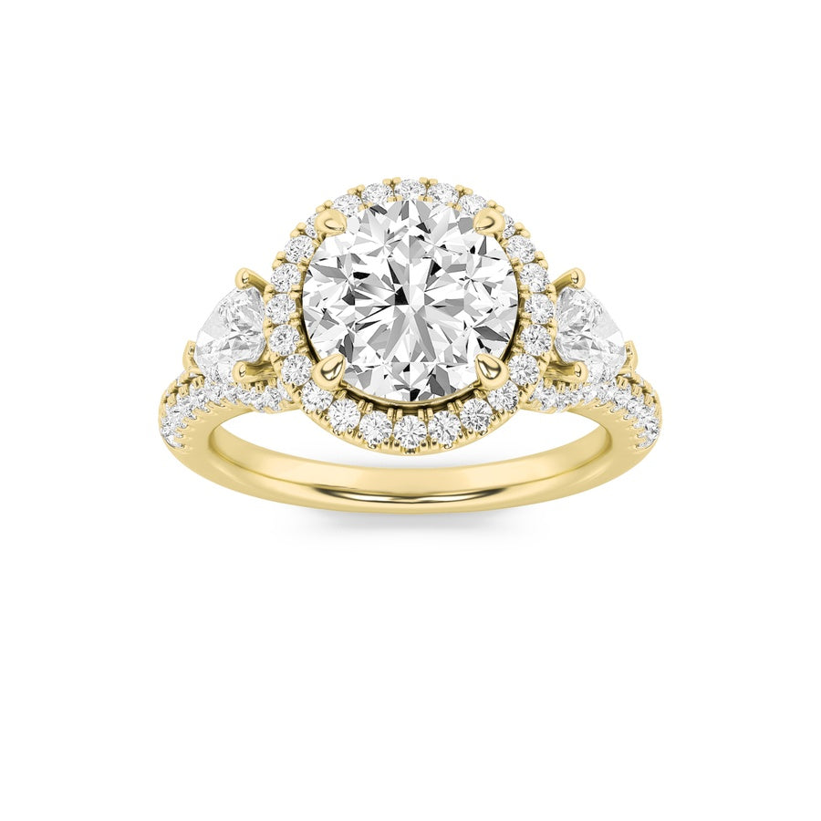 3CTW Round Shaped Lab Grown Diamond (F/VS) Three Stone Bold Accented Engagement Ring in 14K Gold