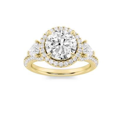 3CTW Round Shaped Lab Grown Diamond (F/VS) Three Stone Bold Accented Engagement Ring in 14K Gold