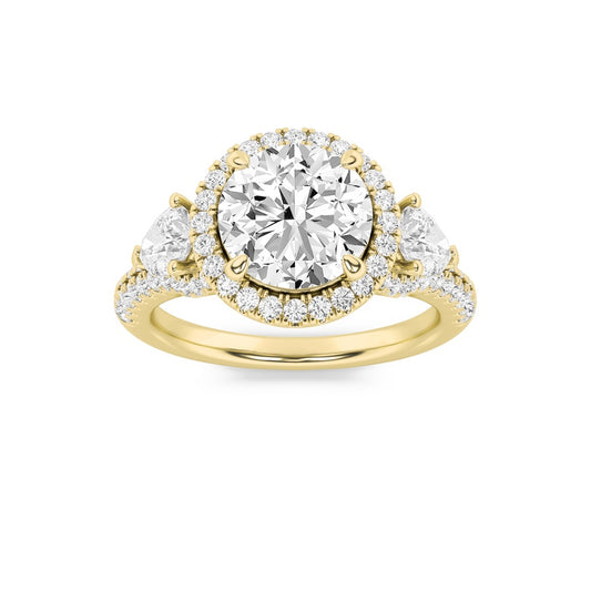 3CTW Round Shaped Lab Grown Diamond (F/VS) Three Stone Bold Accented Engagement Ring in 14K Gold