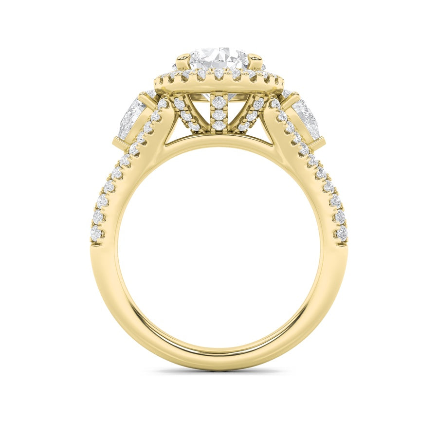 3CTW Round Shaped Lab Grown Diamond (F/VS) Three Stone Bold Accented Engagement Ring in 14K Gold