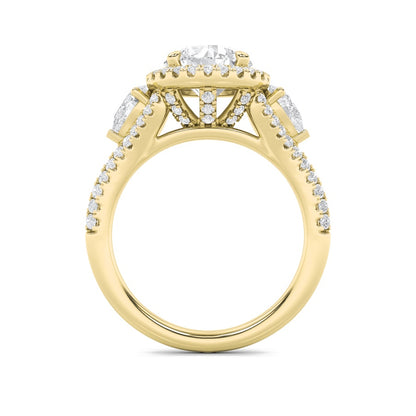 3CTW Round Shaped Lab Grown Diamond (F/VS) Three Stone Bold Accented Engagement Ring in 14K Gold