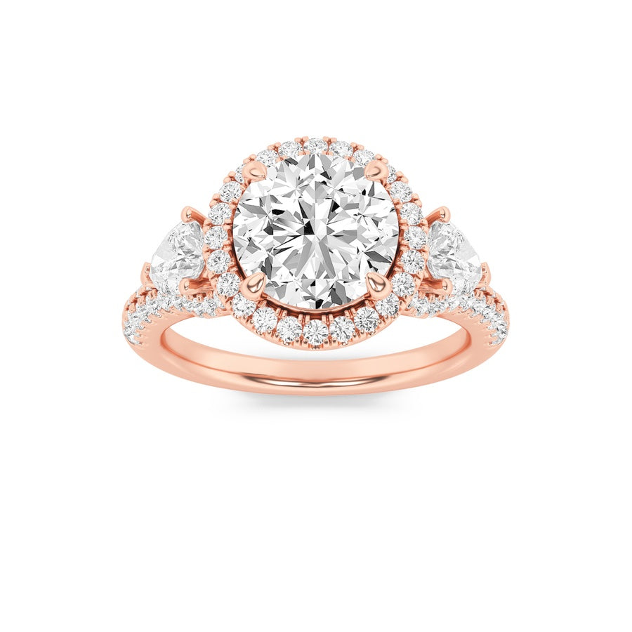 3CTW Round Shaped Lab Grown Diamond (F/VS) Three Stone Bold Accented Engagement Ring in 14K Gold