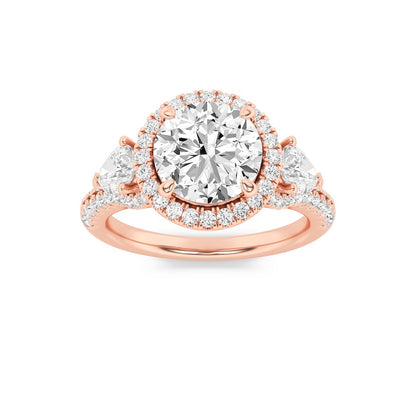 3CTW Round Shaped Lab Grown Diamond (F/VS) Three Stone Bold Accented Engagement Ring in 14K Gold