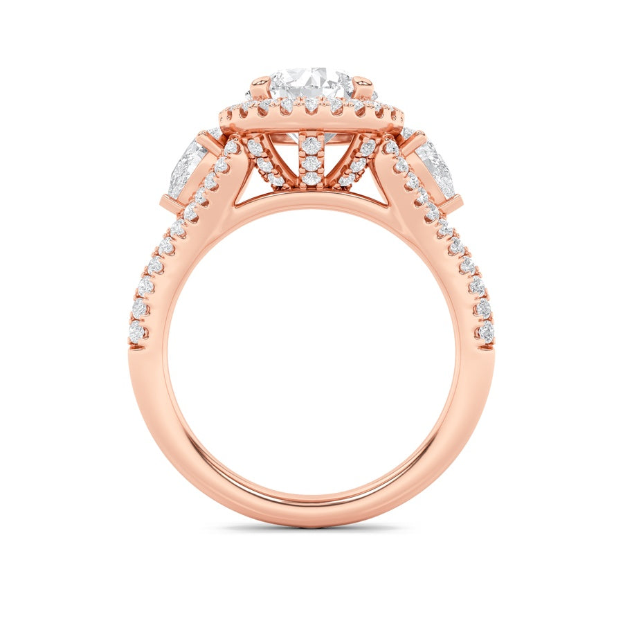 3CTW Round Shaped Lab Grown Diamond (F/VS) Three Stone Bold Accented Engagement Ring in 14K Gold