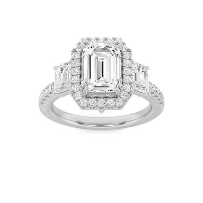 3CTW Emerald Shaped Lab Grown Diamond (G/VS) Three Stone Accented Engagement Ring in 14K Gold