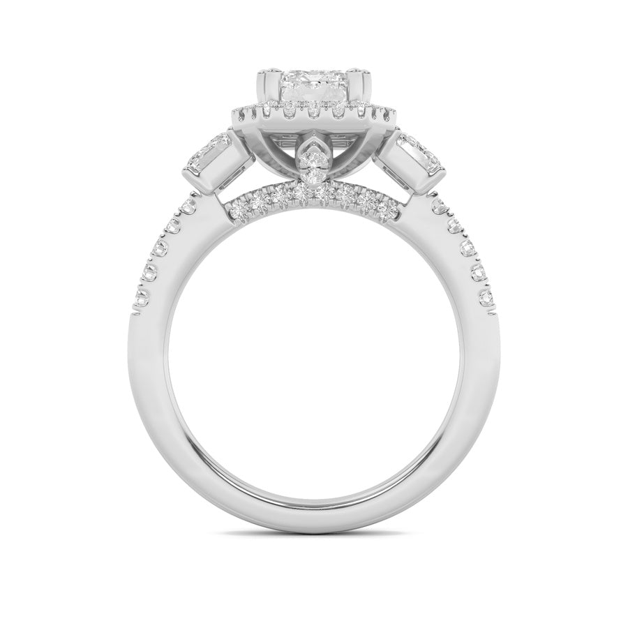 3CTW Emerald Shaped Lab Grown Diamond (G/VS) Three Stone Accented Engagement Ring in 14K Gold