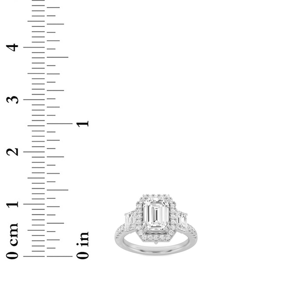3CTW Emerald Shaped Lab Grown Diamond (G/VS) Three Stone Accented Engagement Ring in 14K Gold