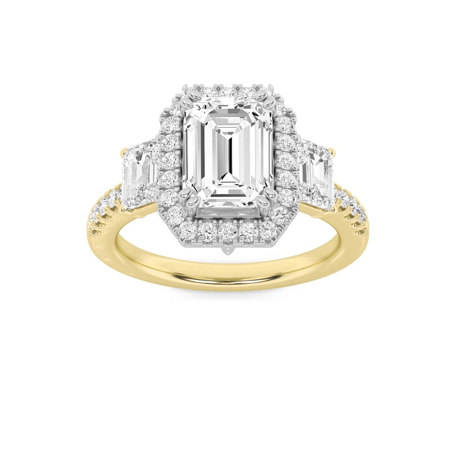 3CTW Emerald Shaped Lab Grown Diamond (G/VS) Three Stone Accented Engagement Ring in 14K Gold