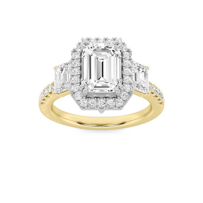 3CTW Emerald Shaped Lab Grown Diamond (G/VS) Three Stone Accented Engagement Ring in 14K Gold