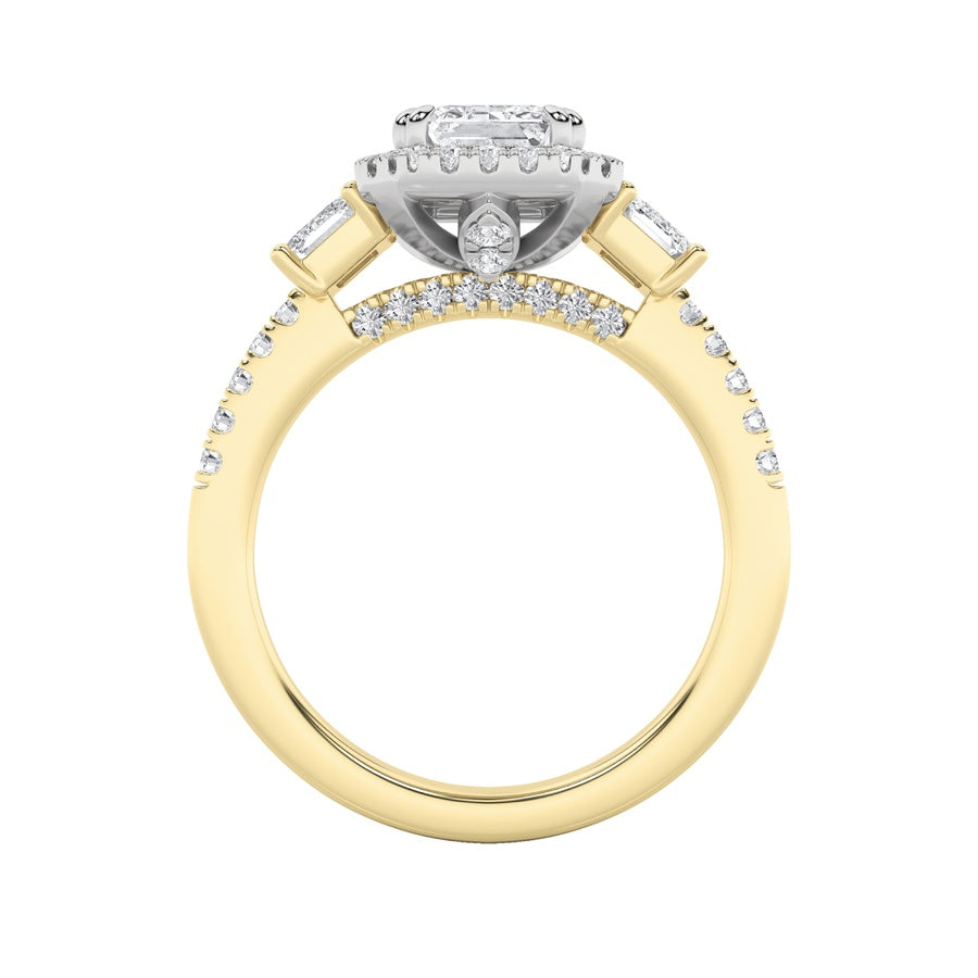 3CTW Emerald Shaped Lab Grown Diamond (G/VS) Three Stone Accented Engagement Ring in 14K Gold