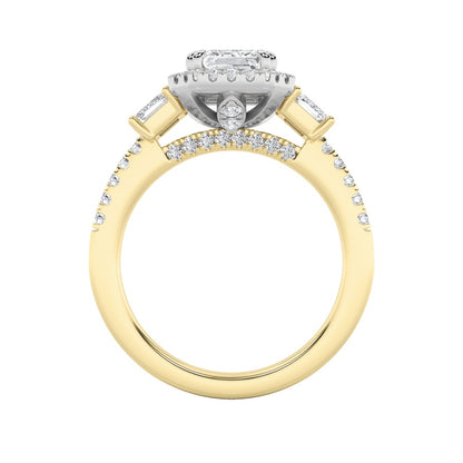 3CTW Emerald Shaped Lab Grown Diamond (G/VS) Three Stone Accented Engagement Ring in 14K Gold