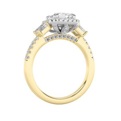 3CTW Emerald Shaped Lab Grown Diamond (G/VS) Three Stone Accented Engagement Ring in 14K Gold
