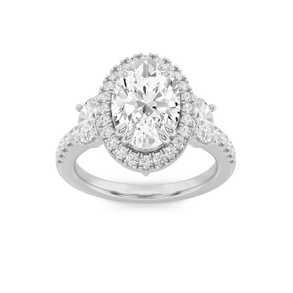 3CTW Oval Shaped Lab Grown Diamond (G/VS) Three Stone Accented Engagement Ring in 14K Gold