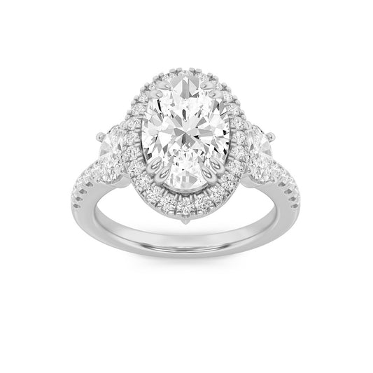 3CTW Oval Shaped Lab Grown Diamond (G/VS) Three Stone Accented Engagement Ring in 14K Gold