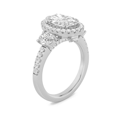 3CTW Oval Shaped Lab Grown Diamond (G/VS) Three Stone Accented Engagement Ring in 14K Gold