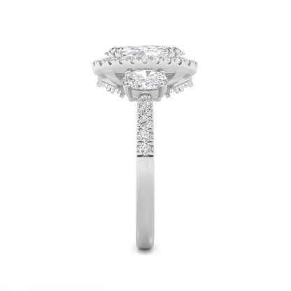 3CTW Oval Shaped Lab Grown Diamond (G/VS) Three Stone Accented Engagement Ring in 14K Gold