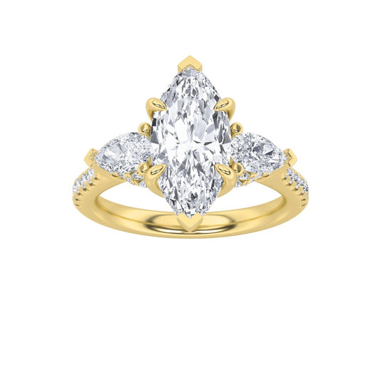 3CTW Marquise Shaped Lab Grown Diamond (F/VS) Three Stone Accented Engagement Ring in 14K Gold
