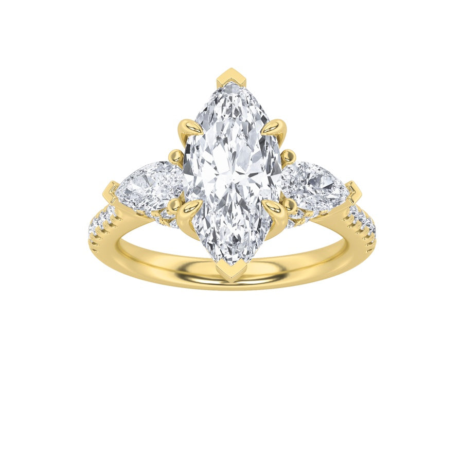 3CTW Marquise Shaped Lab Grown Diamond (F/VS) Three Stone Accented Engagement Ring in 14K Gold