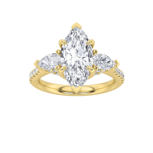 3CTW Marquise Shaped Lab Grown Diamond (F/VS) Three Stone Accented Engagement Ring in 14K Gold