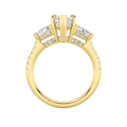 3CTW Marquise Shaped Lab Grown Diamond (F/VS) Three Stone Accented Engagement Ring in 14K Gold