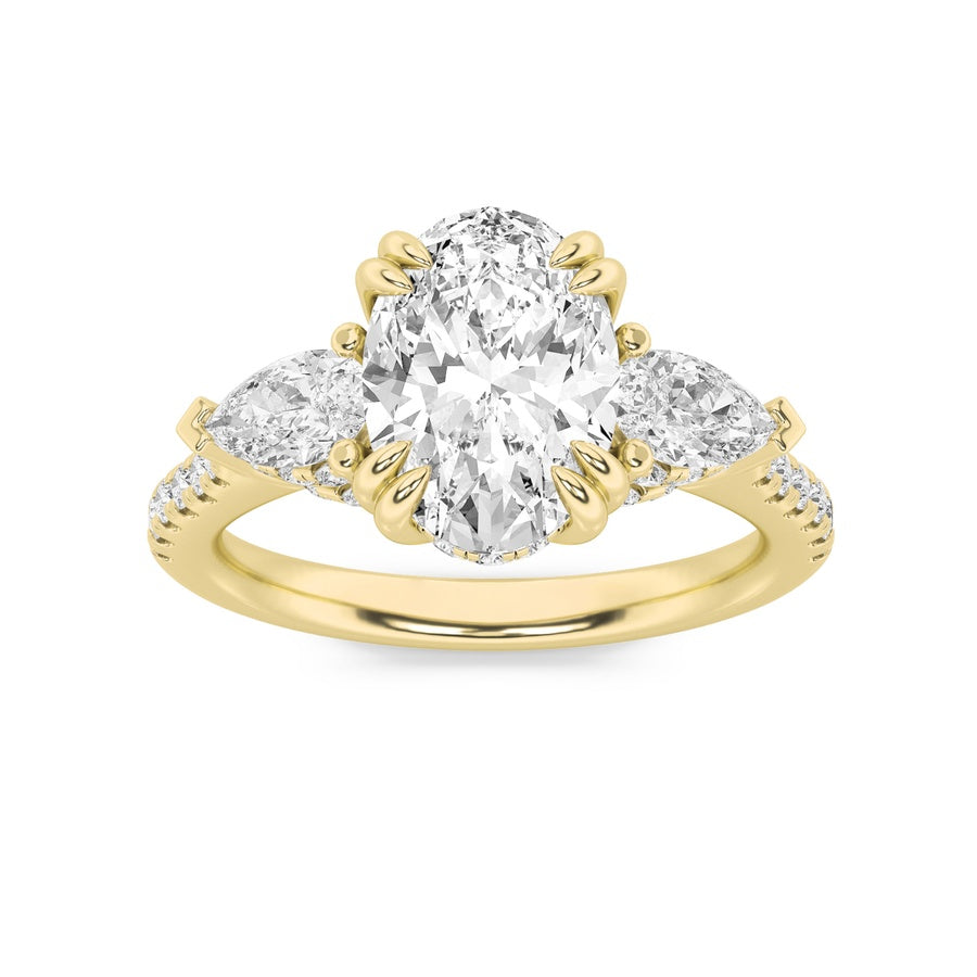 3CTW Oval Shaped Lab Grown Diamond (F/VS) Three Stone Accented Engagement Ring in 14K Gold