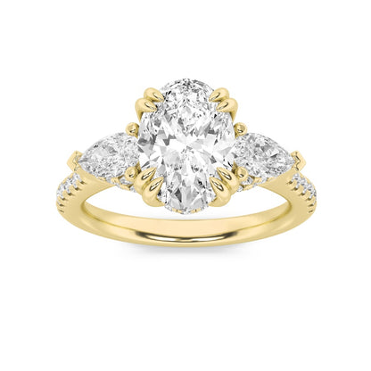 3CTW Oval Shaped Lab Grown Diamond (F/VS) Three Stone Accented Engagement Ring in 14K Gold