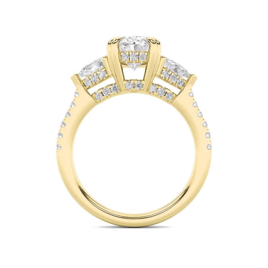 3CTW Oval Shaped Lab Grown Diamond (F/VS) Three Stone Accented Engagement Ring in 14K Gold