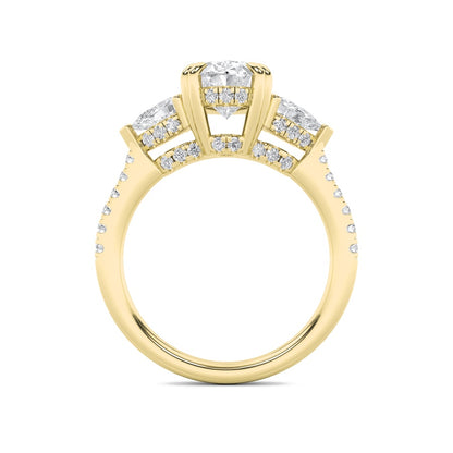 3CTW Oval Shaped Lab Grown Diamond (F/VS) Three Stone Accented Engagement Ring in 14K Gold