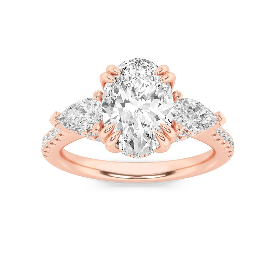 3CTW Oval Shaped Lab Grown Diamond (F/VS) Three Stone Accented Engagement Ring in 14K Gold
