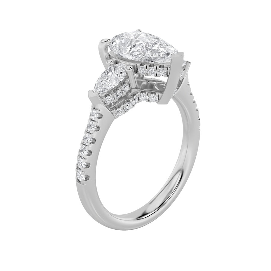 3CTW Pear Shaped Lab Grown Diamond (F/VS) Three Stone Accented Engagement Ring in 14K Gold