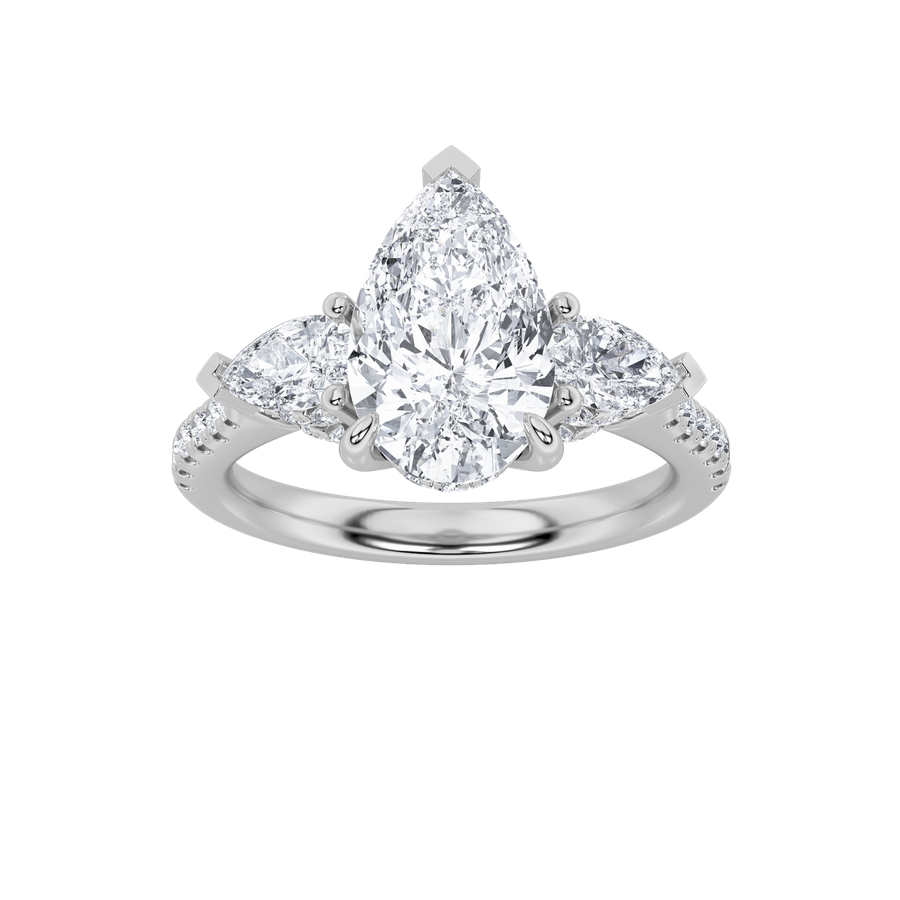3CTW Pear Shaped Lab Grown Diamond (F/VS) Three Stone Accented Engagement Ring in 14K Gold