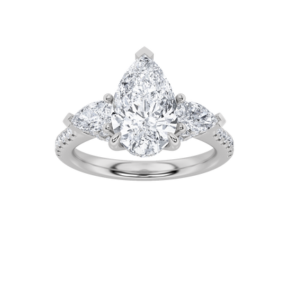 3CTW Pear Shaped Lab Grown Diamond (F/VS) Three Stone Accented Engagement Ring in 14K Gold