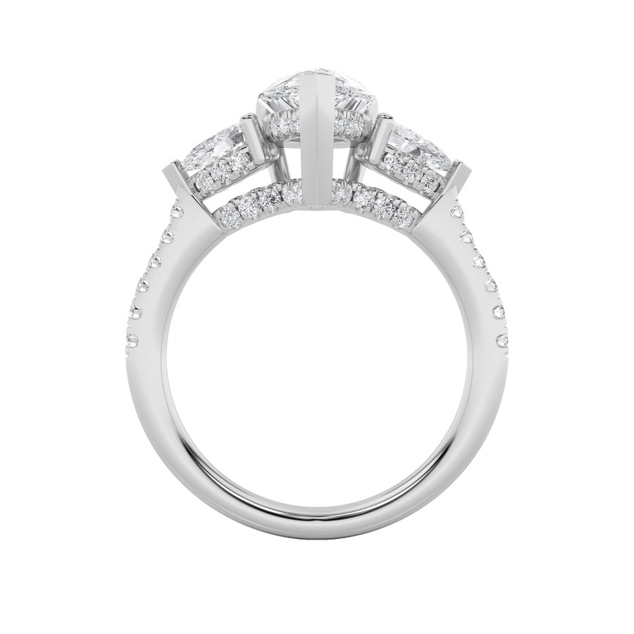 3CTW Pear Shaped Lab Grown Diamond (F/VS) Three Stone Accented Engagement Ring in 14K Gold