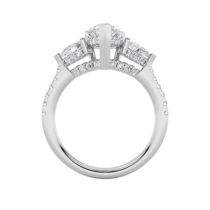 3CTW Pear Shaped Lab Grown Diamond (F/VS) Three Stone Accented Engagement Ring in 14K Gold