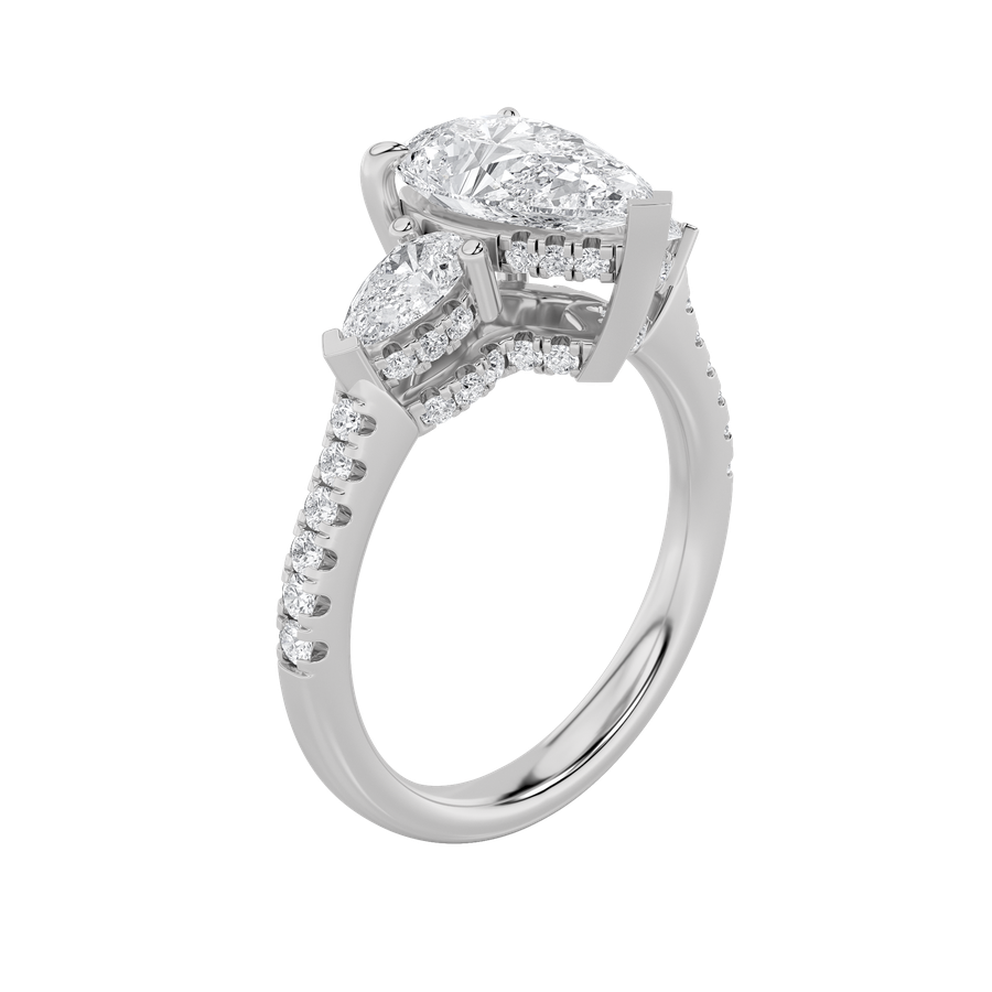 3CTW Pear Shaped Lab Grown Diamond (F/VS) Three Stone Accented Engagement Ring in 14K Gold