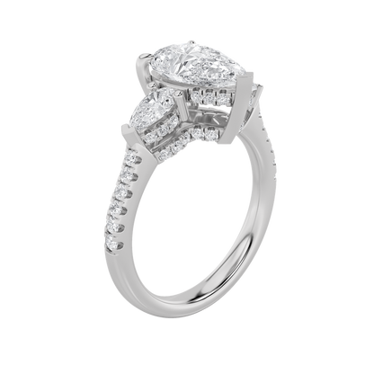 3CTW Pear Shaped Lab Grown Diamond (F/VS) Three Stone Accented Engagement Ring in 14K Gold