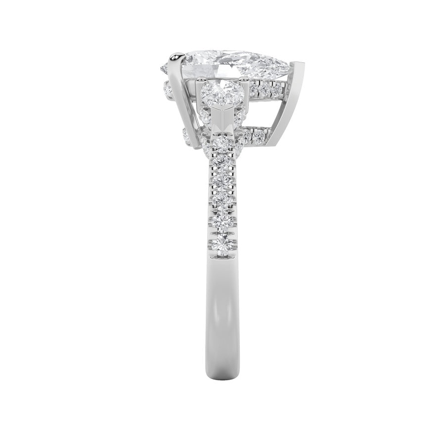 3CTW Pear Shaped Lab Grown Diamond (F/VS) Three Stone Accented Engagement Ring in 14K Gold