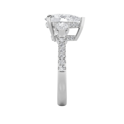 3CTW Pear Shaped Lab Grown Diamond (F/VS) Three Stone Accented Engagement Ring in 14K Gold