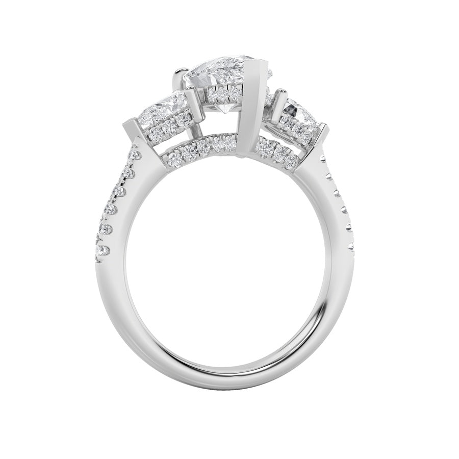 3CTW Pear Shaped Lab Grown Diamond (F/VS) Three Stone Accented Engagement Ring in 14K Gold