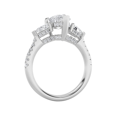 3CTW Pear Shaped Lab Grown Diamond (F/VS) Three Stone Accented Engagement Ring in 14K Gold