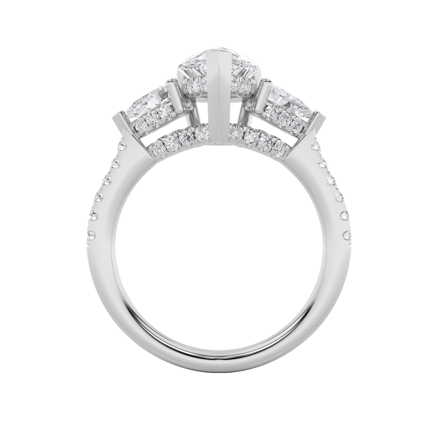 3CTW Pear Shaped Lab Grown Diamond (F/VS) Three Stone Accented Engagement Ring in 14K Gold