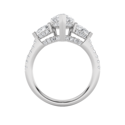 3CTW Pear Shaped Lab Grown Diamond (F/VS) Three Stone Accented Engagement Ring in 14K Gold