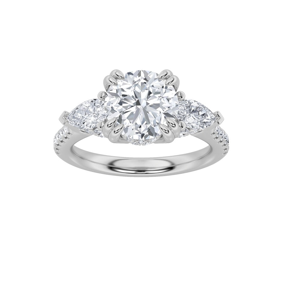 3CTW Round Shaped Lab Grown Diamond (F/VS) Three Stone Accented Engagement Ring in 14K Gold