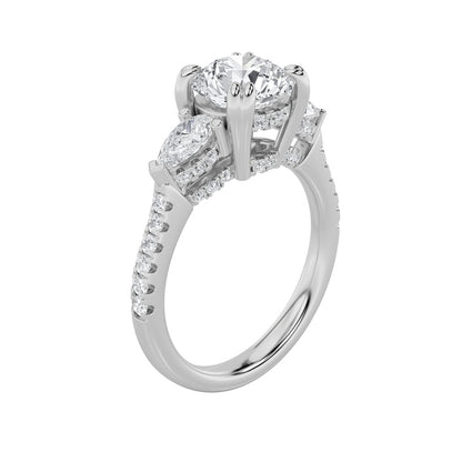 3CTW Round Shaped Lab Grown Diamond (F/VS) Three Stone Accented Engagement Ring in 14K Gold