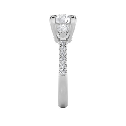 3CTW Round Shaped Lab Grown Diamond (F/VS) Three Stone Accented Engagement Ring in 14K Gold