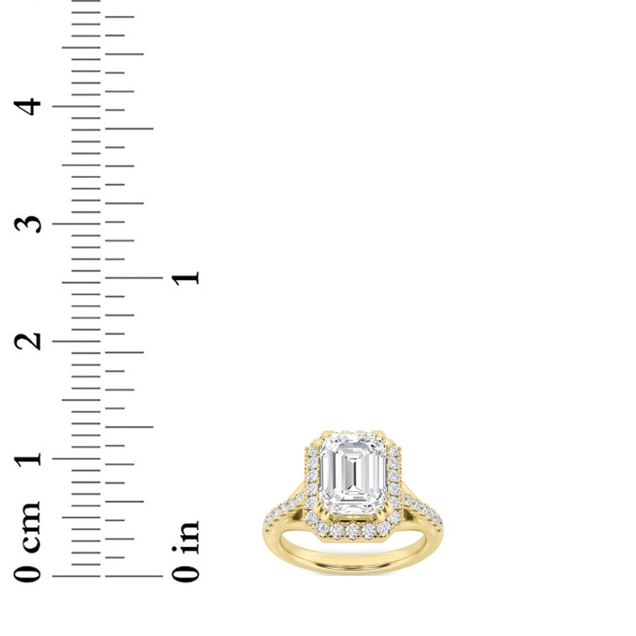 3CTW Emerald Shaped Lab Grown Diamond (F/VS) Halo Accented Engagement Ring in 14K Gold