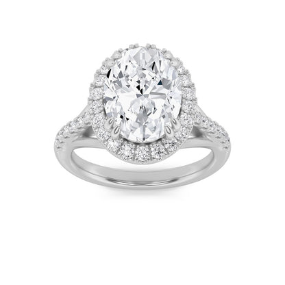 3CTW Oval Shaped Lab Grown Diamond (F/VS) Halo Accented Engagement Ring in 14K Gold