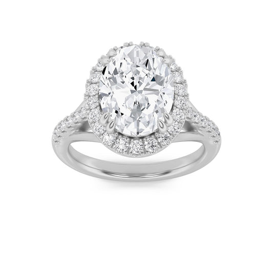 3CTW Oval Shaped Lab Grown Diamond (F/VS) Halo Accented Engagement Ring in 14K Gold