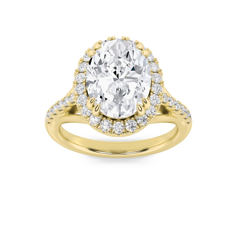 3CTW Oval Shaped Lab Grown Diamond (F/VS) Halo Accented Engagement Ring in 14K Gold