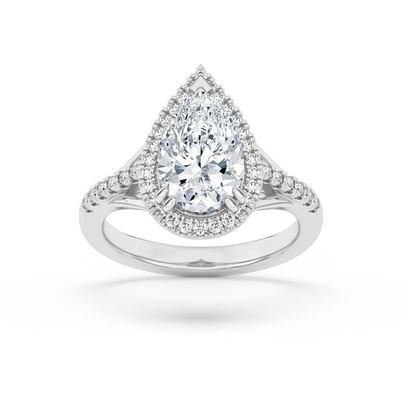 3CTW Pear Shaped Lab Grown Diamond (F/VS) Halo Accented Engagement Ring in 14K Gold